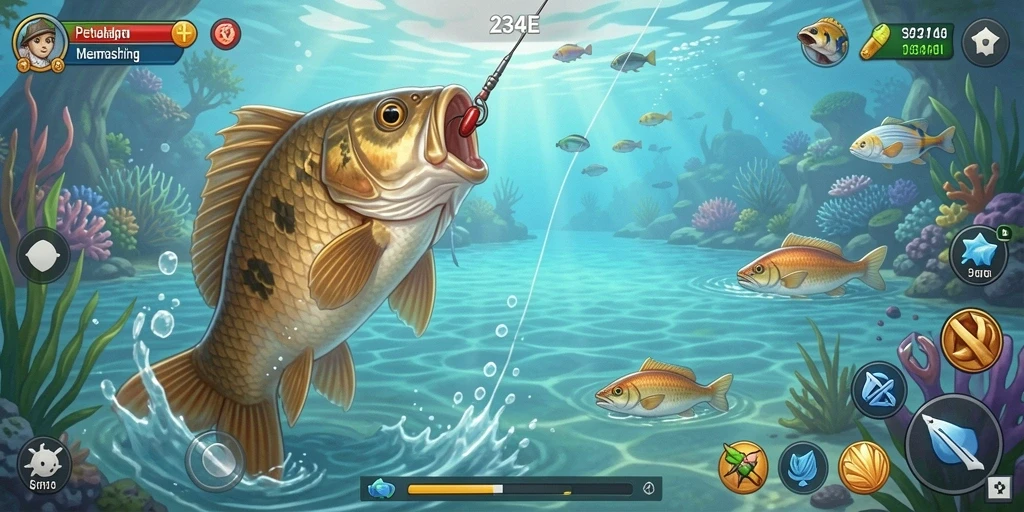 Gameplay memancing seru di 234E yang menampilkan aksi menangkap ikan.