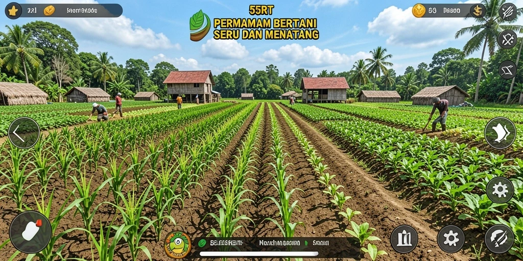 Tampilan gameplay 55RT yang menarik dan penuh warna saat bertani.