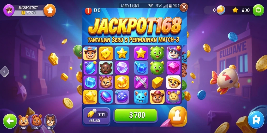 Screenshot utama JACKPOT168 menunjukkan gameplay menarik permainan Match-3.