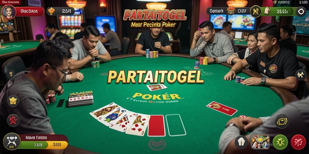 Tampilan gameplay seru dalam aplikasi PARTAITOGEL dengan suasana poker yang nyata.