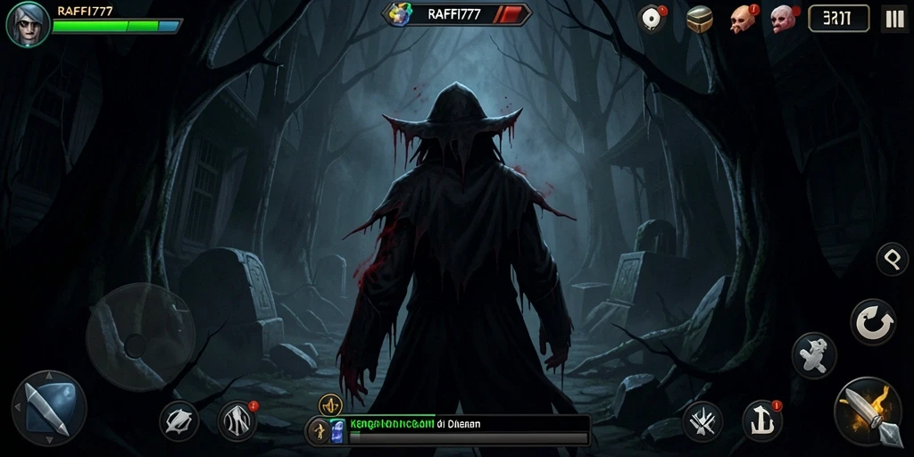 Screenshot gameplay RAFFI777 yang menampilkan kegelapan dan ketegangan.